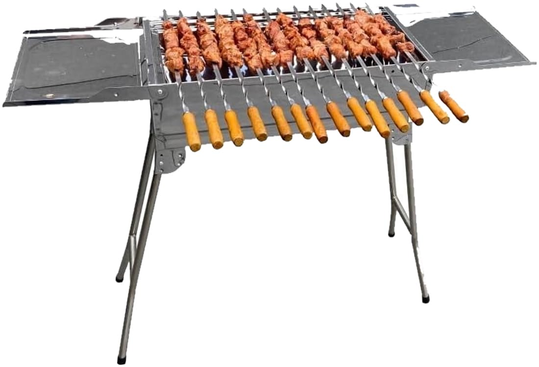 walexo Familien Grill Mangal mit klappbaren Füßen Schaschlik und BBQ Kohlegrill Säulengrill Standgrill (inkl. 14 Spieße aus Edelstahl mit Holzgriff)