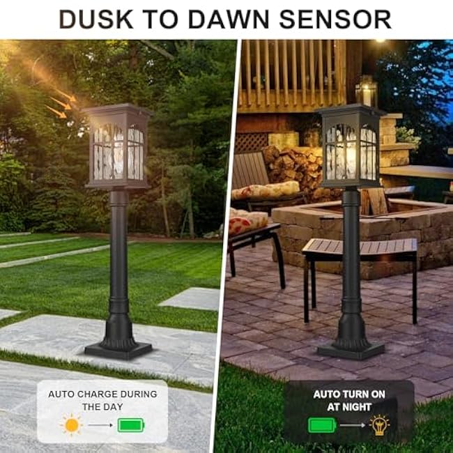 Outdoor Solar Post Lights with Pier Mount Base, Dusk to Dawn Aluminum Solar Pole Light with Remote Waterproof, Auto On/Off Fence Deck Post Lighting for Pathway Garden Walkway Street