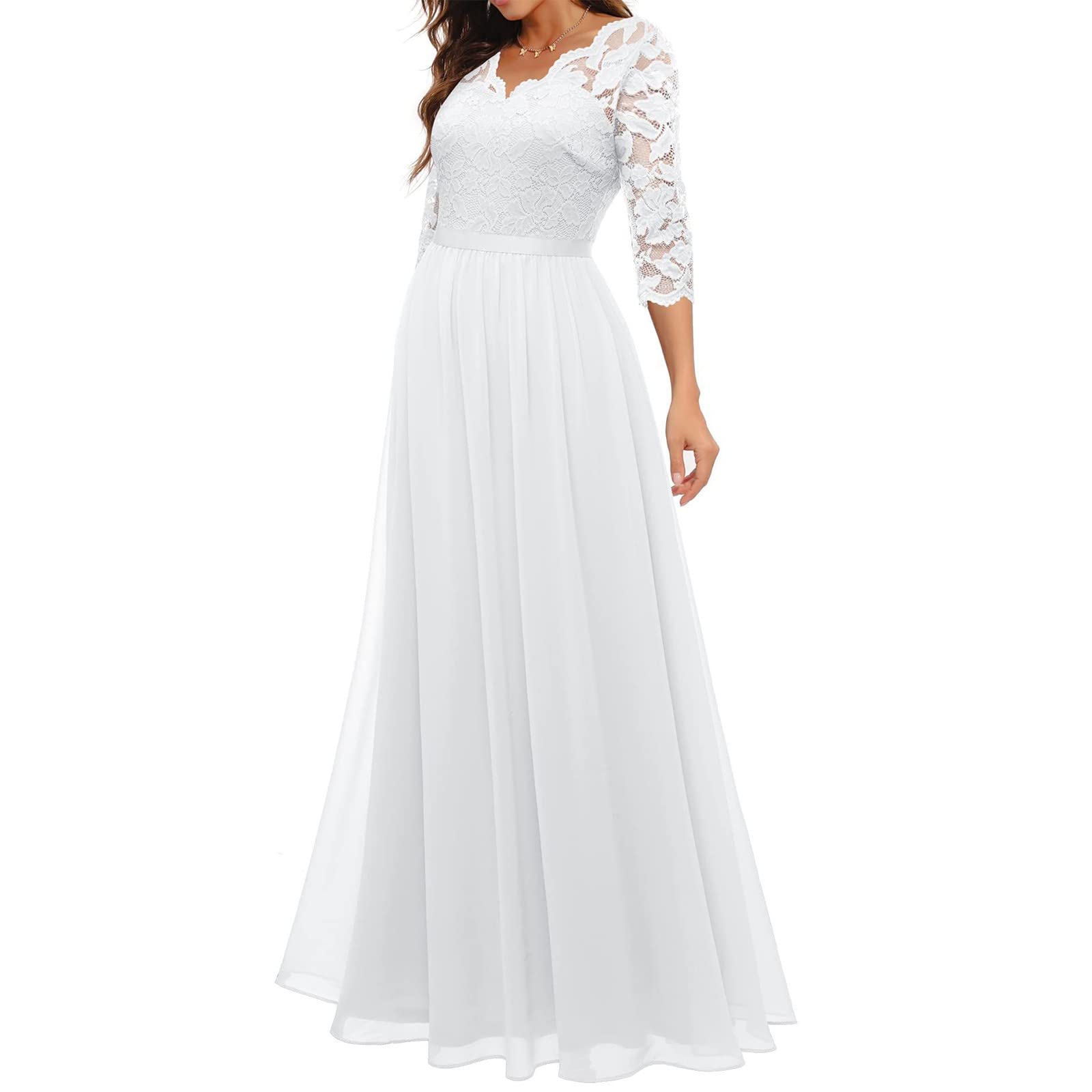 Abendkleider Elegant Für Hochzeit Festliche Kleid Hochzeitsgast Damen Lang Chiffon Abendkleid Spitze A Linie Ballkleid Frauen V Ausschnitt Partykleid Hohe Taille Brautjungfernkleider