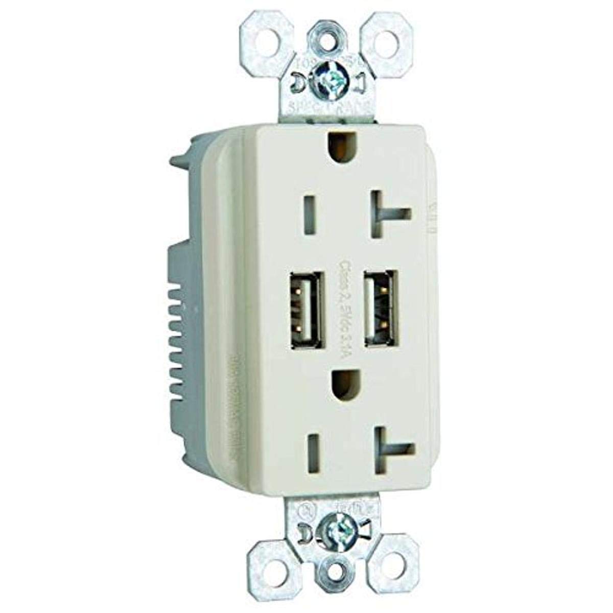 C2G Cargador doble USB con toma de corriente doble de 20 A y placa de pared decoradora Almendra (12835)