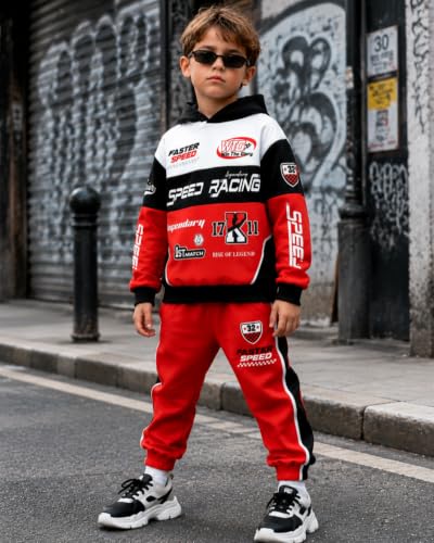 Image of Boy 2 Piece Outfits Long Sleeve Racing Hoodie Top and SweatPants Fall Winter Clothing Set Sizes 5-12 Years