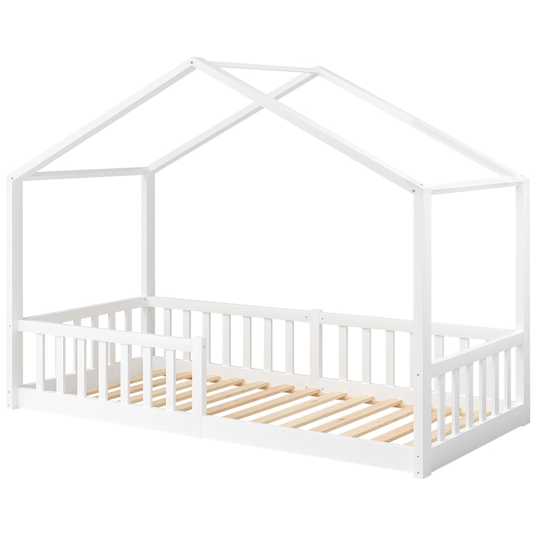 Bellabino Bia Kinderbett 90x200 cm – Bodenbett mit Rausfallschutz & Lattenrost – Hausbett aus Massivholz Kiefer – Montessori Kinder Bett in Weiß für Jungen und Mädchen