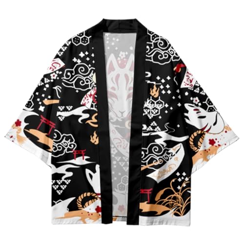 Image of DOSLAVIDA Men's Japanese Kimono Cardigan Suit Chinese Style Printed Jacket Pants Set Open Front Seven Sleeve Top & Shorts