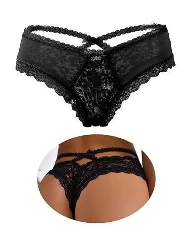Image of ohyeahlady French Knickers Black Thongs for Women Back Hollow Out Cheeky Sexy Panties Plus Size Underwear High Waisted Lace Thongs Brazilian Knickers Bikini Briefs 1 Pack Size 12 14