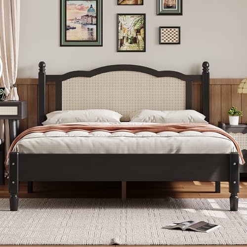 Mirightone Queen Size Platform Bed with Natural Rattan Headboard, Vintage