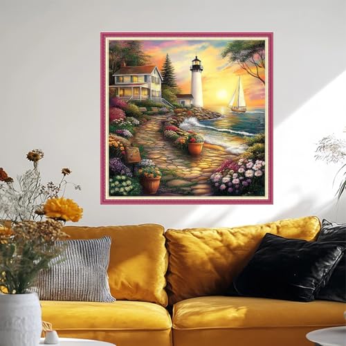 Image of Fanxvivy Stamped Cross Stitch Kits for Beginners Full Range of Cross Stitching Preprinted Embroidery Kits for Adults, 11CT Embroidery Pattern Needlepoint Kits-Seaside Lighthouse 18x18 inch