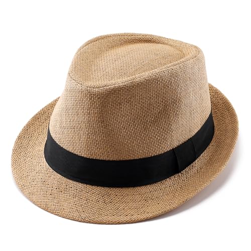 Outink Straw Fedora Hats for Men Women 1920s Short Brim Trilby Panama Hat Summer Beach Sun Cap (Khaki)