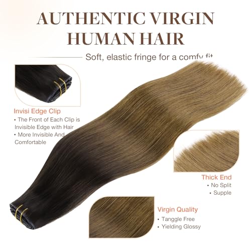 Image of GOO GOO Invisi Edge Clip in Hair Extensions, 20inch 150g 7Pcs, Injected Seamless PU Clip in Hair Extensions, Virgin Real Human Hair, #1D /2C /4E Chocolate Dip Color Melt