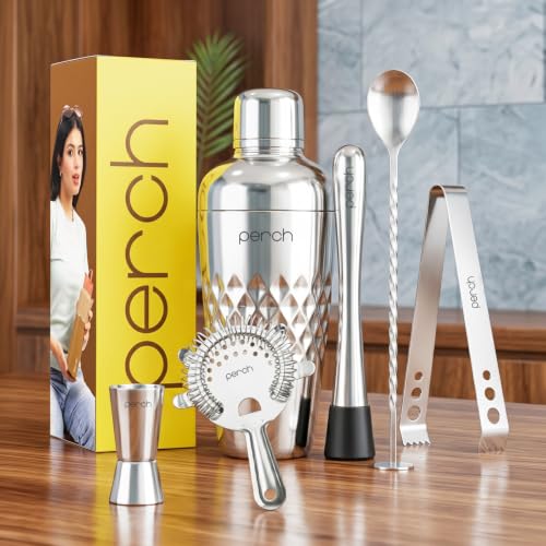Image of O' Holic by Perch Craft 6-Piece Stainless Steel Bartender Kit|Premium Cocktail Shaker Set with Jigger 30 /60ml, Spoon,Ice Tong, & Bar Tools|Professional Bar Set for Home &Tour Parties|Silver