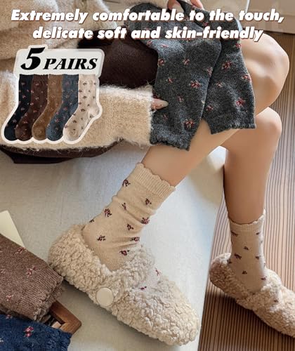 Image of IIG 5 Pairs Women's Vintage Style Thick Wool Warm Winter Crew Socks