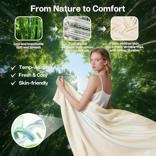 MR&HM Twin Sheets Set, 3-Piece Cooling Sheets, Rayon Derived from Bamboo & Polyester Blend, Soft & Silky, 15" Deep Pockets with Elastic Straps, Hotel Luxury for Hot Sleepers, Cream