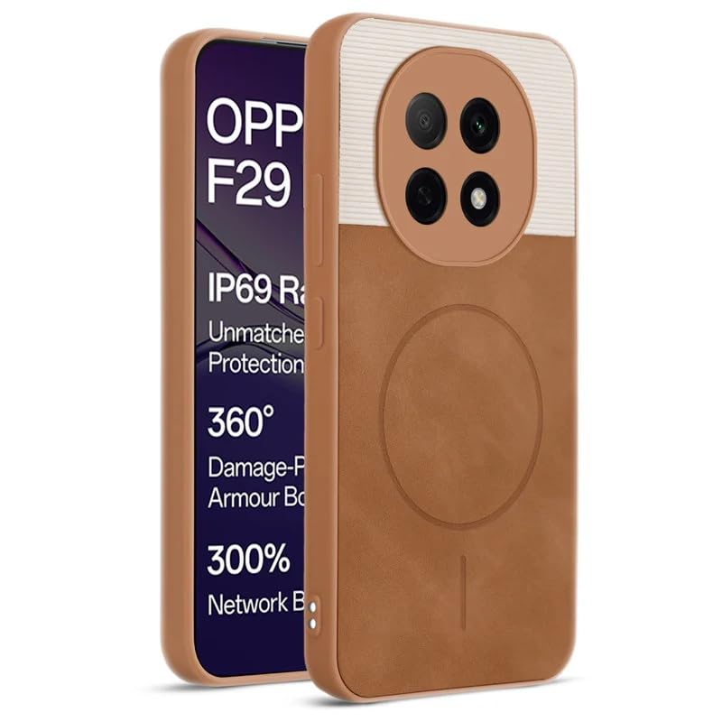 Image of Bintage case Dual-Leather Macc-Safe Design Phone Case| Soft Touch Finish | Full Camera Protectection Back Cover Compatible for Oppo CPH2705 /Oppo F29Pro 5G - White & Nut Brown