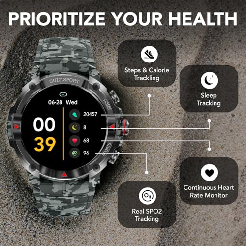 Image of CULTSPORT Cult Ranger Xr 1.43 inch AMOLED Outdoor Rugged Smartwatch For Men,850 Nits,Always On Display,Bluetooth Calling, 420Mah Battery,Sports Recognition, Health Tracking, Round Digital Watch,Camo Green