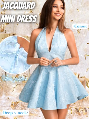 Image of ShawGobow Jacquard Corset Dress,Deep V Halter Mini Dresses with Bow Back,Sexy Birthday Outfits Women Homecoming Prom Formal