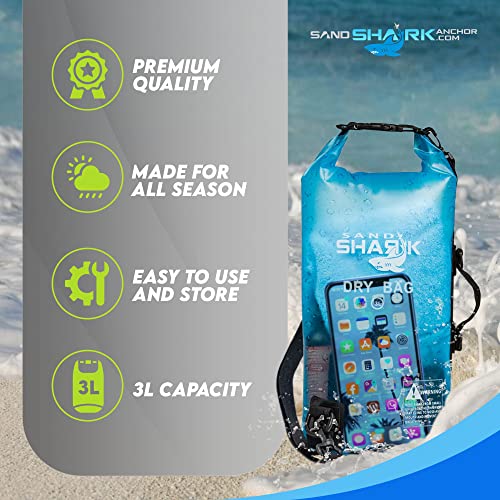 Bolsa seca impermeable SandShark 3L - Bolsa de playa con funda transparente para teléfono, saco enrollable para bote, rafting, senderismo, camping, pesca - esenciales de viaje, accesorios para kayak y bote (3L) miniatura 5