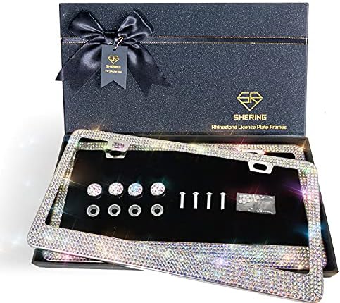 SHERING Bling License Plate Frame, 2 Pack License Plate Frame with Premium Gift Box for Women,Rhinestone License Plate Frames with 1100pcs Rhinestones (Narrow AB Colorful)