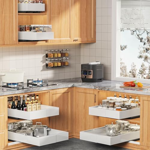 2 Pack Expandable Pull Out Cabinet Organizer 21" Deep with Raising Pad for Framed Cabinets,Upgrade 3 Slide Rails Slide Out Drawers,Roll Out Shelves Adhesive,Adjustable Width 9"-14.1" White
