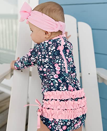 Image of RuffleButts Baby Girls UPF 50+ Sun Protection Floral Printed Long Sleeve One Piece Rash Guard Swimsuit with Zipper