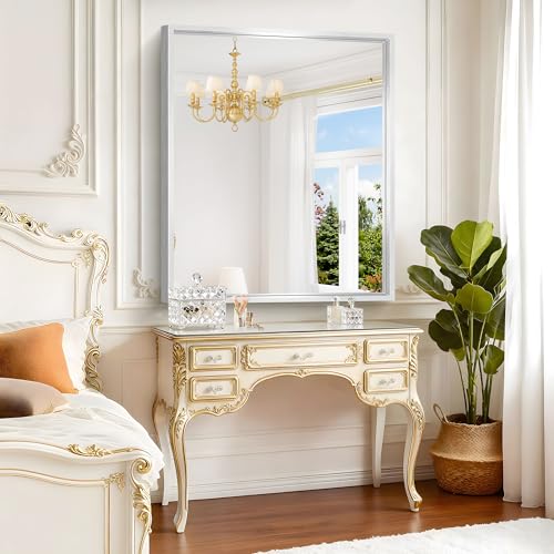 Image of Bathroom Mirror, 42 x 36 Inch Brushed Silver Rectangle Mirror, 0.6 inch Thickened Deep Metal Frame Rectangular Vanity Mirror, Wall Mounted Mirror for Bedroom Living Room, Horizontal or Vertical