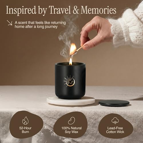 Sandalwood Scented Soy Candle 8.8oz - Luxury Matte Black Ceramic Jar - Non-Toxic Natural Soy Wax, Cotton Wick - 52 Hour Clean Burn - Aromatherapy Gift Candle for Men & Women, Home Decor - Image 4