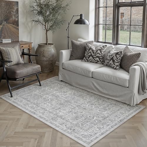 PureCozy Gray 3x5 Area Rug Entryway Washable Vintage Carpet Office Small Indoor Non Slip Soft Low Pile Thin Stain Resistant Distressed Accent Throw Rug for Entrance Bedroom Dining Living Roo