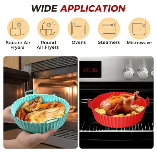 Image of Round Silicone Air Fryer Liners, 3 Count, Multicolor, Heat Resistant, Dishwasher Safe, Reusable Baking Tray Pots for Oven, Microwave, Steamer
