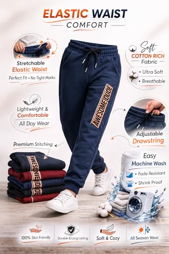 Image of Boys Track Pants Pack of 5 | Kids Cotton Joggers & Lower | Soft, Breathable Elastic Waist Pants for Everyday Active Wear | Ages 2-8 Years | Colors May Vary