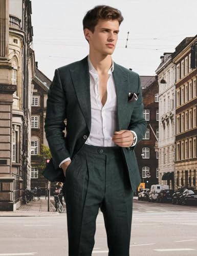 Linen Suit for Men 2 Pieces Summer Casual Suits Slim Fit Groomsmen Tuxedos Beach Wedding Party Blazer Pants Set, Beige, XS3