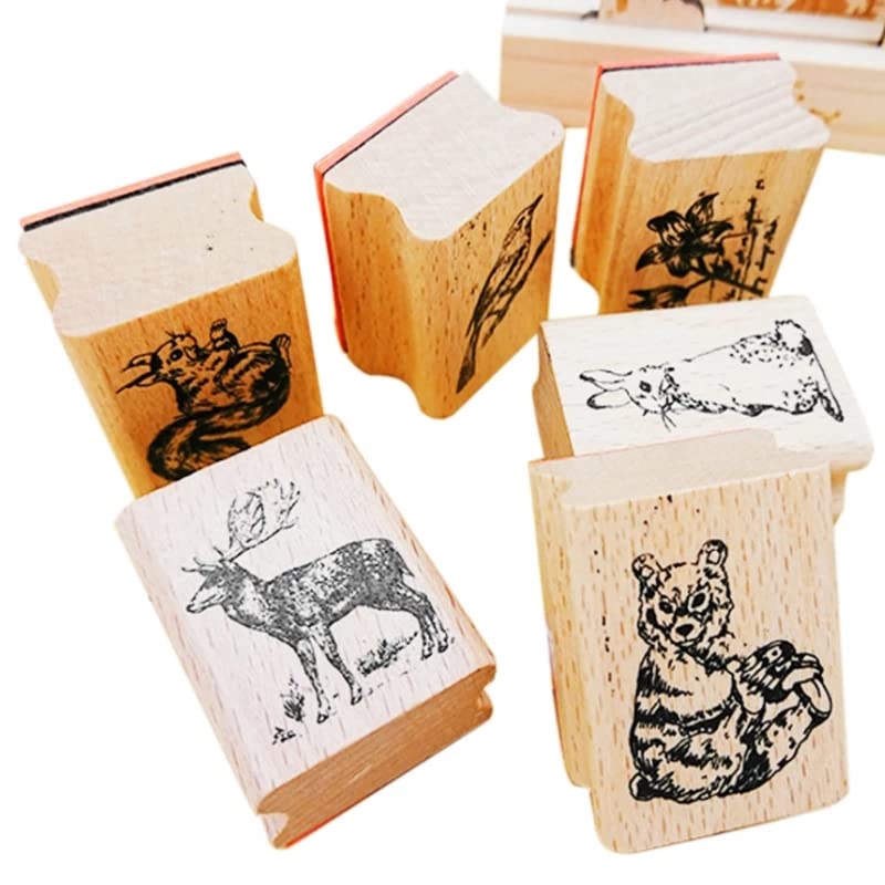 Tvoip 6Pcs Stylish Vintage Cute Animal Plant Wooden Rubber Stamps Scrapbooking Painting Cards Deer Panda Rabbit Flower Decor DIY Craft - Image 6