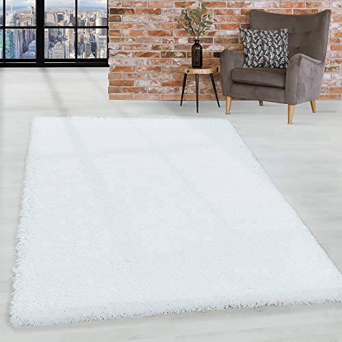 HomebyHome Shaggy Teppich Wohnzimmer Flauschiger Teppich 160x230 cm Weiß Einfarbig - Hochflor...