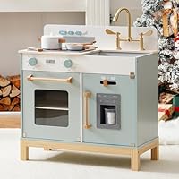 ROBOTIME Play Kitchen for Kids, Montessori Wooden Toy Kitchen, Pretend Play Toddler Playsets with Light & Sound Stove, Ice Dispenser - Educational Gift for Children Girls Boys Age 3+ (Soft Blue)