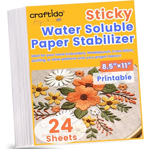 craftido 8.5"x11" 24PCS Sticky Water Soluble Embroidery Stabilizer Printable Dissolving Paper Medium Weight Allowed for Print or Draw Patterns Best for Hand & Machine Embroidery