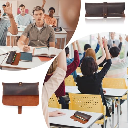Image of GORGECRAFT Coffee Crazy Horse Leather Pen Case Retro Genuine Leather Snap Cover Pencil Cases Large Capacity Pencil Pouch Organizer Stationery Bag for Pen Pencils Men Women Glasses Sunglasses Artists