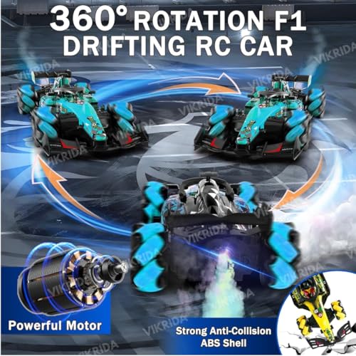 Image of VikriDA Remote Control Car, F1 RC Stunt Car 1:14 Scale 4WD 2.4GHz 360 Rotating RC Cars Toy for Kids with Spray Lights RC Drift Car Gifts Birthday Xmas for 6-12 Year Old - Multicolor