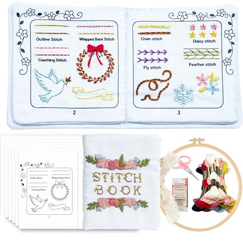 CIZULFY Beginner Embroidery Stitch Book Kit with Pre-Printed Fabric 30 Essential Stitches and Practice Patterns(Floral Animal etc) Embroidery Beginner kit Adult with Tool and Video Guide