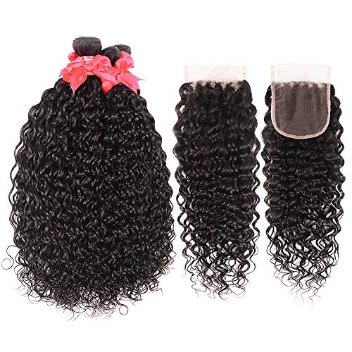 Miss Gaga WATER66666 10A Water Wave Bundles With Closure (16 18 20 +14) Wet And Wavy Brazilian Virgin Human Hair 3 Bundles With 4X4 Lace Closure With Baby Hair Free Part 1B# Curly Wave Human Hair Extensions thumb #3