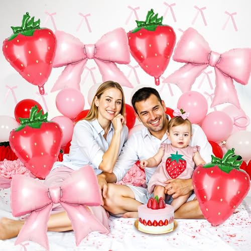 Image of Kriyokiaa 9 PCS Pink Bow and Red Strawberry Foil Balloons for Strawberry Birthday Decorations, Pink Bow Birthday Decorations, Berry First Birthday and Berry Sweet Girl Baby Shower Party Decor