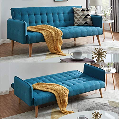 Scandi Scandinavian Style Chic Contemporary Sea Blue Comfortable Three Seater Sofa Furniture Folding Click Clack Sofa Bed Fabric Cushions Settee Couch Solid Wooden Feet Fashionable Piping Detail