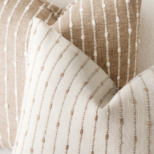 Image of Foindtower Decorative Striped Boucle Throw Pillow Covers 18x18 Cream Camel