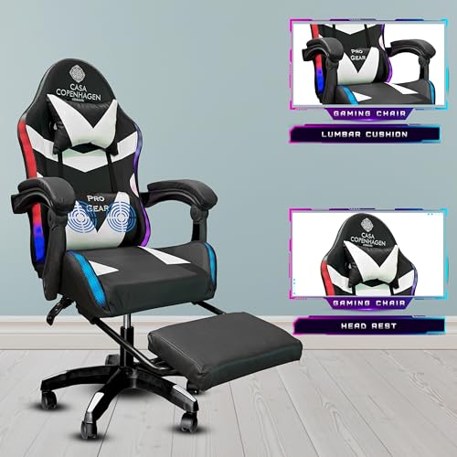 Image of Casa Copenhagen Designed in Denmark,High-Back Italian Leather Gaming Ergonomic Chair with Advanced Mechanism with LED Light & Electric Back Massager, Memory Foam Seating - White & Black