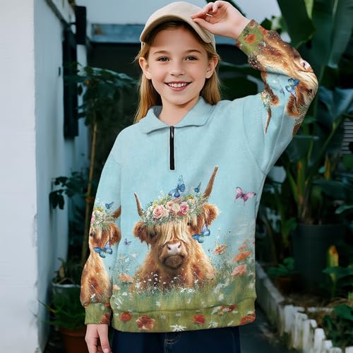 Image of AmzPrint Girls Graphic Quarter Zip Coat Long Sleeve Lightweight Oversized Athletic Running Hoodies For Kids Teen Girls