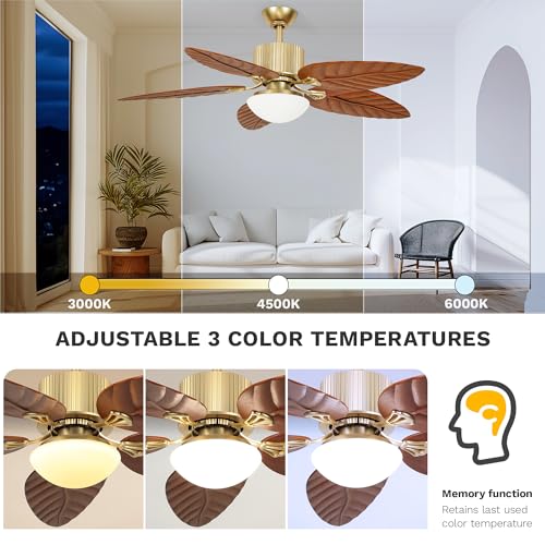 DWVO 52" Tropical Ceiling Fan with Light & Remote, Adjustable 3-Color Lighting, Quiet 6-Speed DC Motor, 5-Blade Reversible for Bedroom, Living Room & Indoor Use