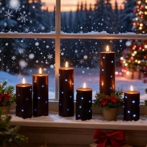 Image of kakoya Flickering Flameless Candles,Battery Operated Real Wax LED Pillar Candles with Remote Control and Timer,with Embedded Star String,Set of 9 (Black)