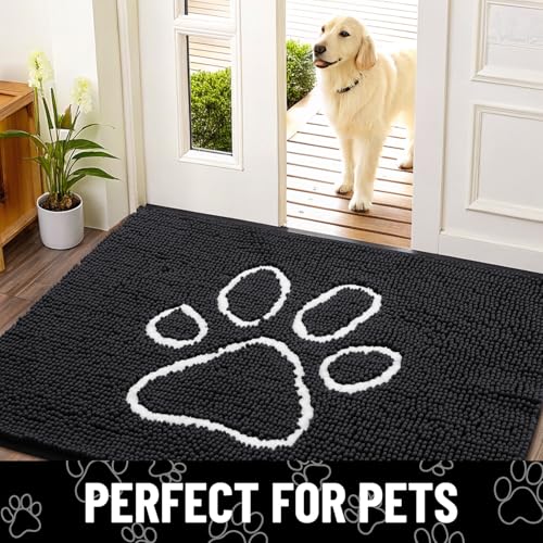 Image of Smiry Dog Door Mat for Muddy Paws, Absorbent Dirt Trapper Non Slip Quick Dry Washable Chenille Mat for Mud Dogs, Entry Rug for Indoor and Outdoor (47x17 Inches, Black and White)