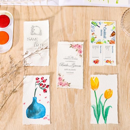 Image of 25 Sheets Watercolor Paper, 2 x 3.5, Deckled Edge Handmade Paper | 300 GSM paper, cold-pressed texture, absorbs watercolor evenly, for painting, cards, and crafts