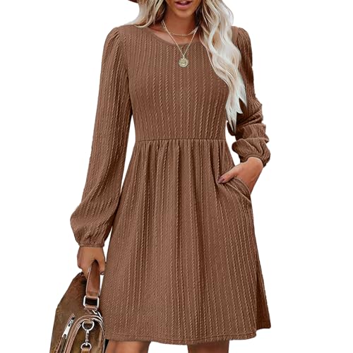 GRMLRPT Damen Langarm Rundhals Pulloverkleid Elegant Knielang Herbstkleid Casual Kleid Herbst Winter A Linien Bequem Midikleid(Braun,L)