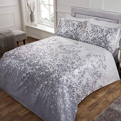 Sleepdown Parure de lit avec Housse de Couette et taies d'oreiller Motif Jacquard Floral Blanc/argenté 200 x 200 cm, Polyester Coton, Full