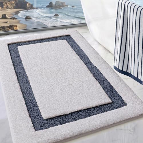 LUMI Bathroom Rug, Non Slip Absorbent Bath Mat, White Blue, 24"x43"