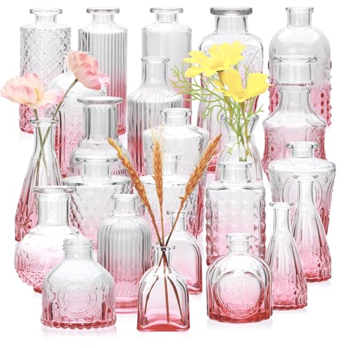 Brajttt Knospenvasen-Set mit 25 Stück, rosa Vasen, Glasvasen in Großpackung, kleine Vasen für Mini-Blumenvasen, niedliches Vintage-Glasvasen-Set für Blumen, Hochzeit, Zuhause, Tafelaufsatz