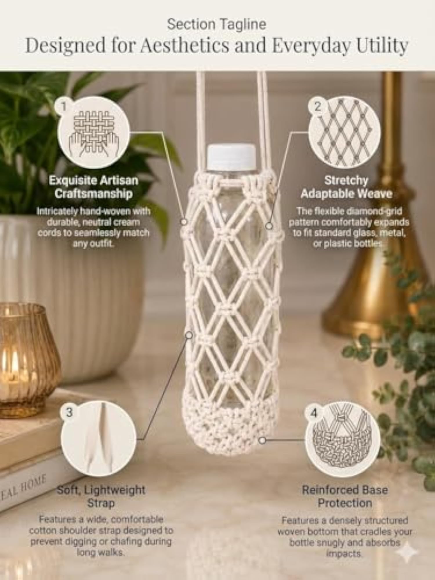 Handmade Macramé Bottle Sling Holder, Off White